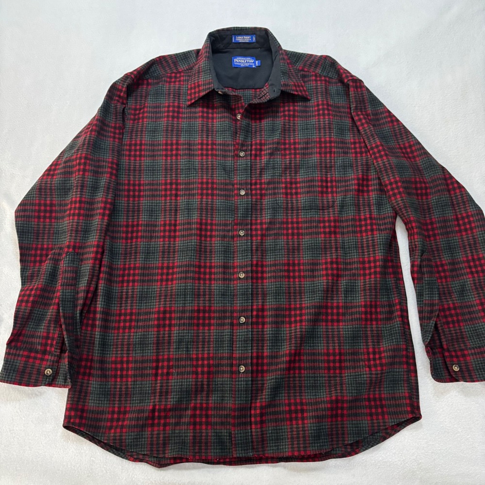 Pendleton Lodge Shirt Mens XL Long Red Grey Plaid Washable Wool Button Down